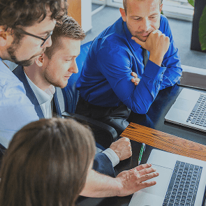 dancing man with laptop and a coffee